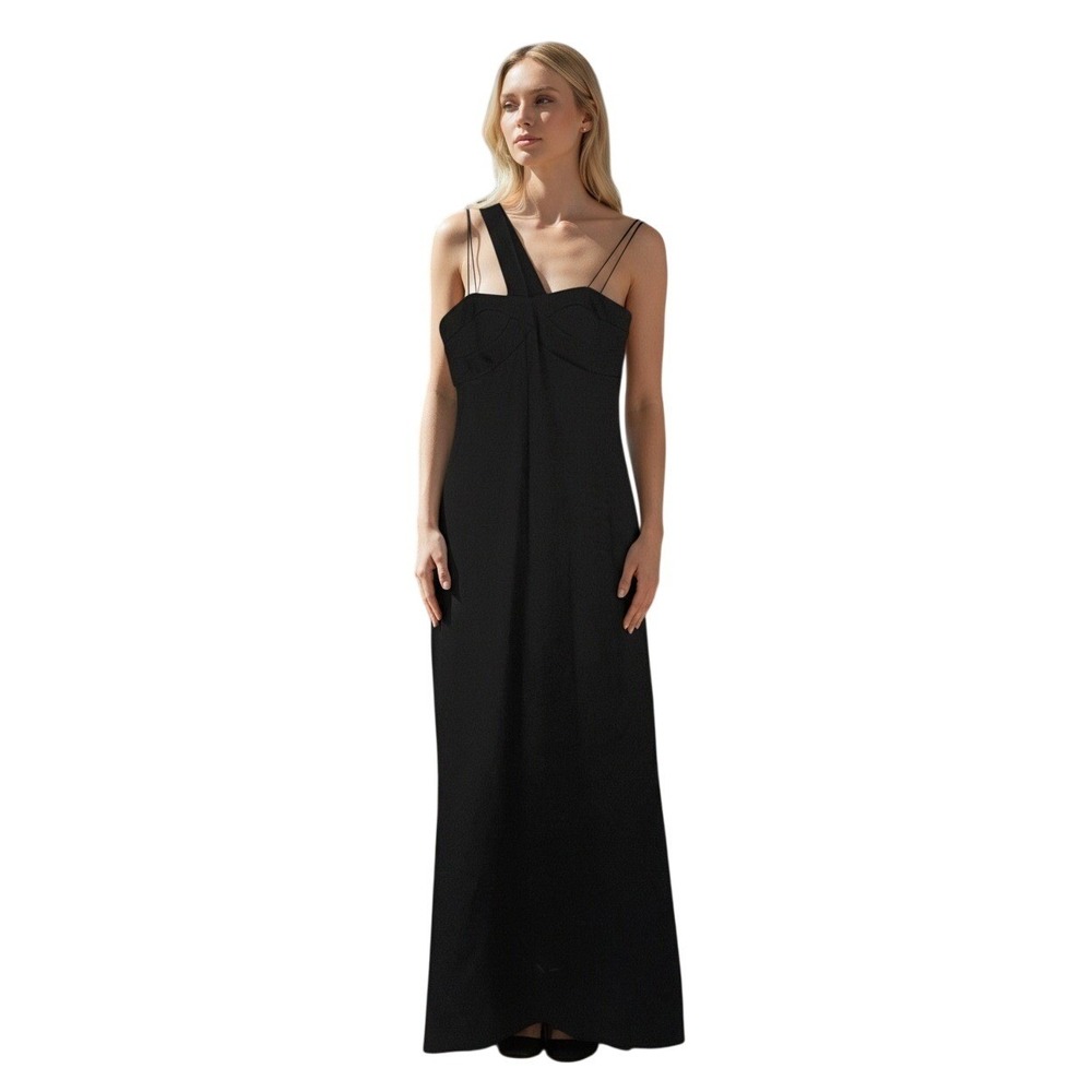 ABS Allen Schwartz Elegant One Shoulder Gown Black Asymmetrical Formal Evening S